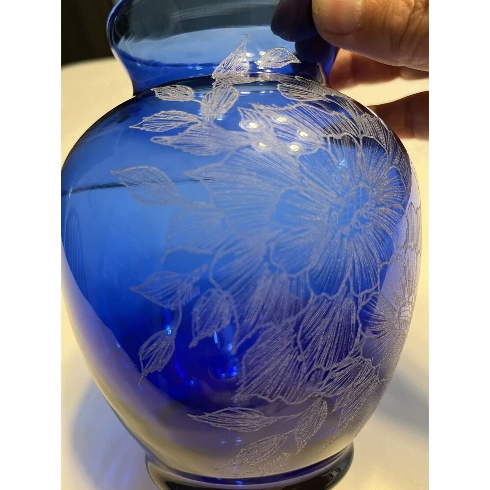 Hand Painted Floral Dragonfly Blue Glass Vase Artist Signed S Conrad